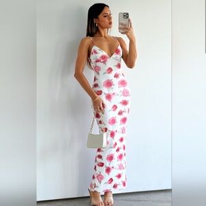 White Fox Boutique Pink Rose and White Bodycon Maxi Dress